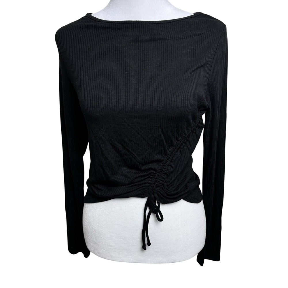 Antistar Black Ribbed Long Sleeve Side Cinch Drawstring Top‎ AM0427 Large NEW